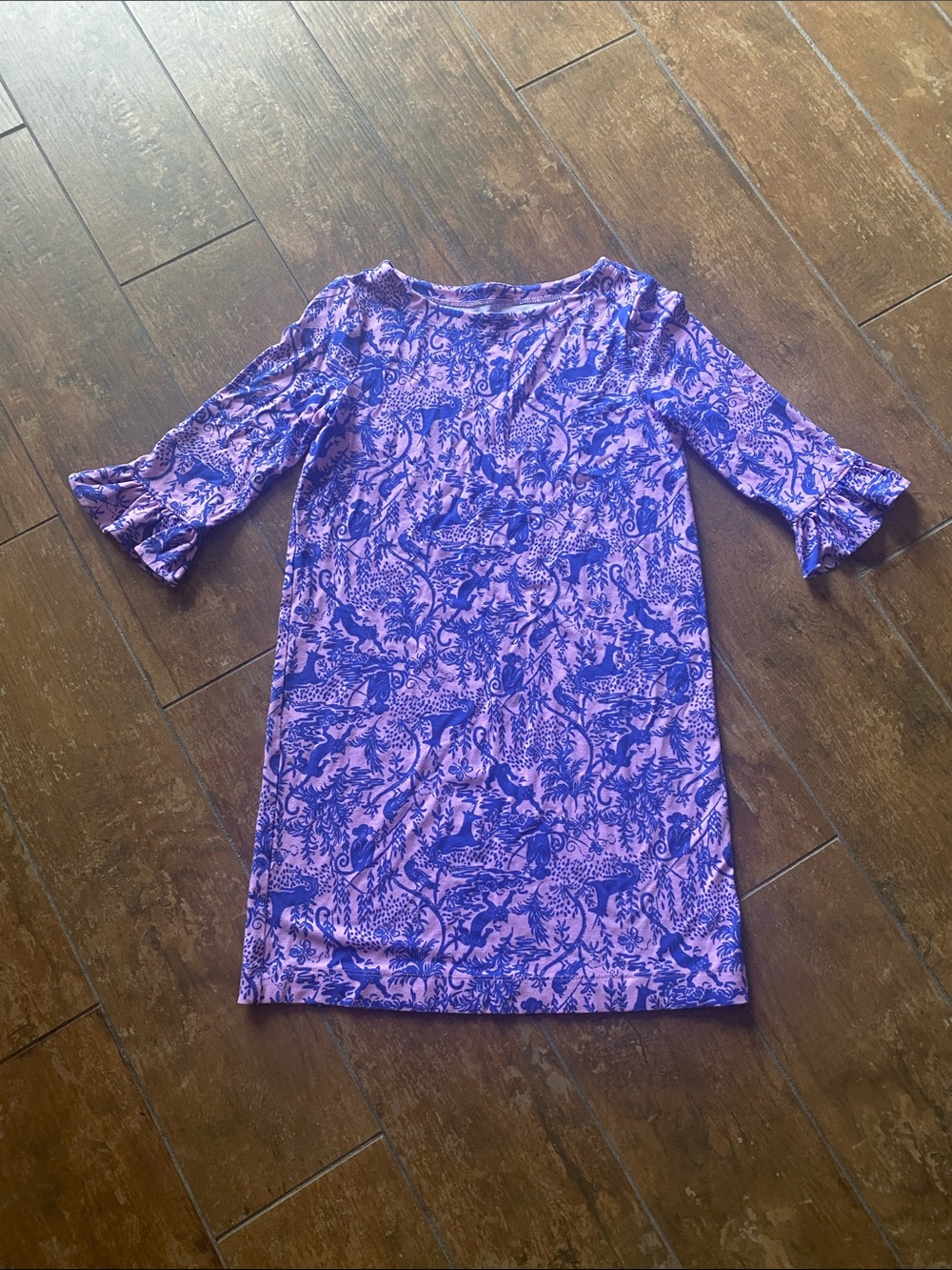 Lilly Pulitzer Girls Purple and Pink Jungle Print Knit Dress. Size 8-10.